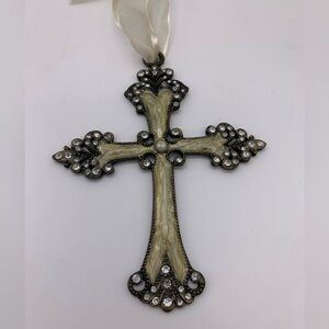Vtg. Decorative Cream Beige Ornate Rhinestones & Pearl Metal Cross Ornament